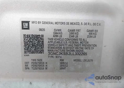 2020 Chevrolet Trax Fwd Ls z USA, uszkodzony, nr VIN 3GNCJKSB2LL332265